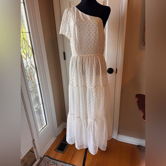 Lulu's One Shoulder White and Gold Midi Dress - Picture 1 of 7